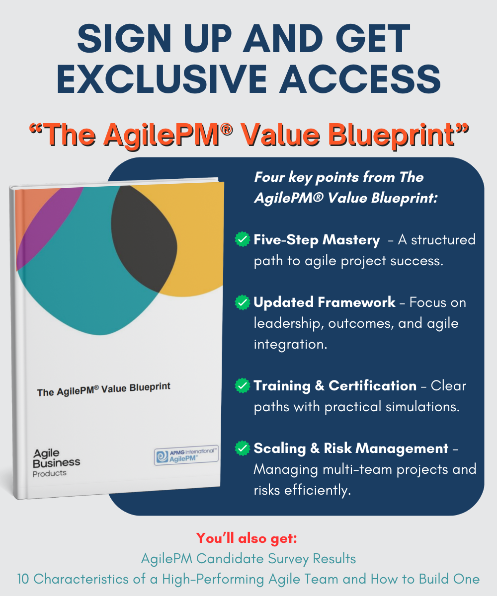 A packshot of the AgilePM Blueprint and a list of what it offers.
